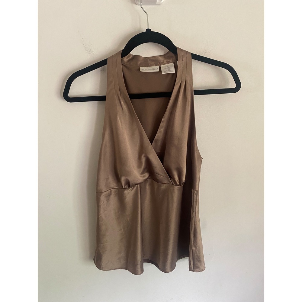 Worthington Womens Bronze Satin V-Neck Sleeveless Blouse Size 10